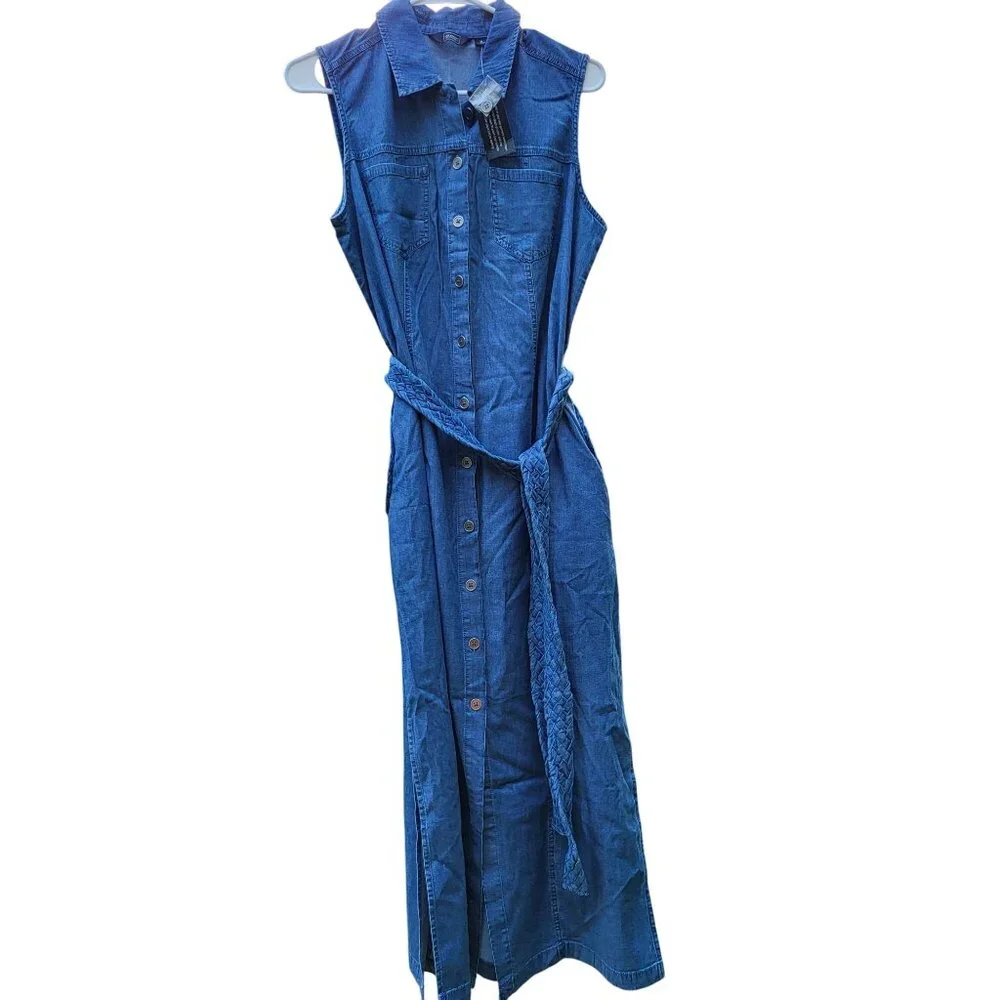 Women's Sleeveless Denim Button-Down Maxi Dress Braided Belt G By Giuliana M NWT - Picture 1 of 15